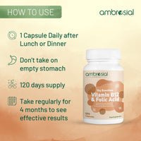Ambrosial Vitamin B12 1000 mcg + 500 mcg Folic Acid | 1500 mcg | Folic Acid | Reduction of Tiredness & Fatigue | B12 Supplement | Immune System, Energy & Brain Support (Pack of 1-120 Capsules)