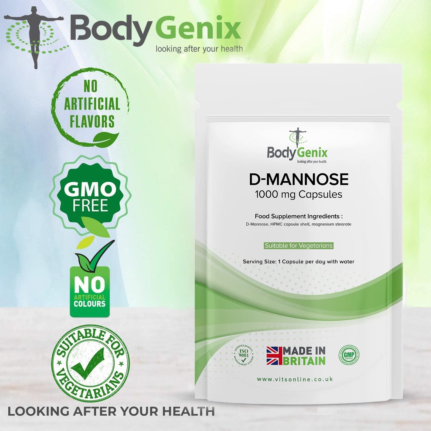 Bodygenix D-Mannose 1000mg Capsules High Strength UTI Treatment Immune System Support Vegan Food Supplement - 240 Capsules 8 Month Supply