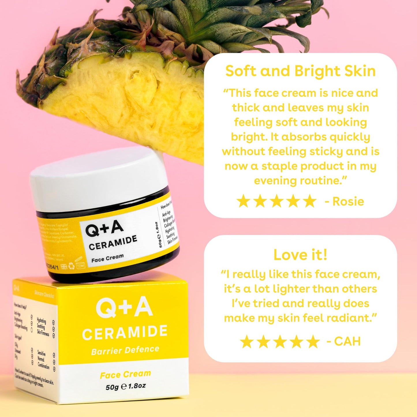 Q+A Ceramide Barrier Defence Face Cream (50g), Hydrating Moisturiser with Pineapple Ceramides, Pro Vitamin E and Squalane, Natural Face Care, Fragrance Free Skincare, Brightening Face Cream