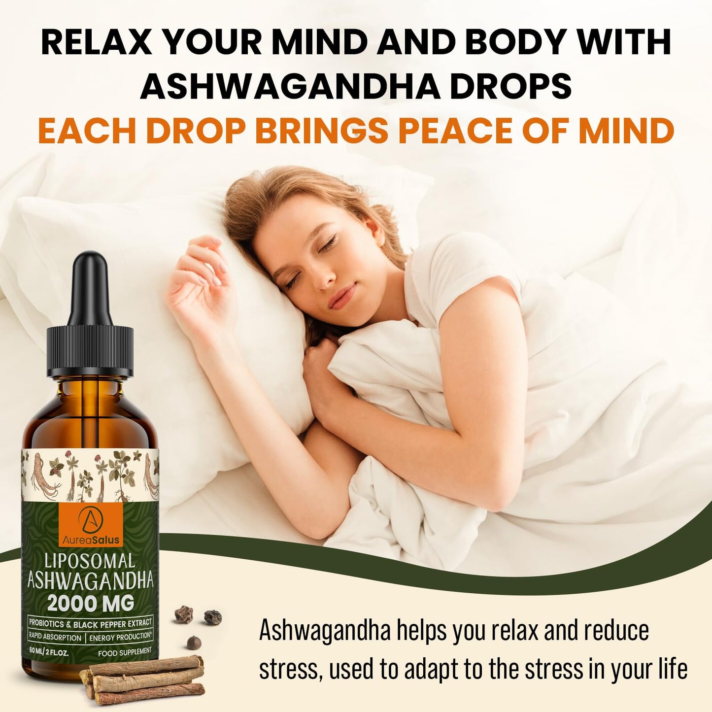 AureaSalus Liposomal Ashwagandha Drops 2000mg, Pure Natural Ashwagandha Extract, Enrich Probiotics & Black Pepper Extract, Stress Relieve Supplements, Increase Energy 60ML (60 ml (Pack of 2))