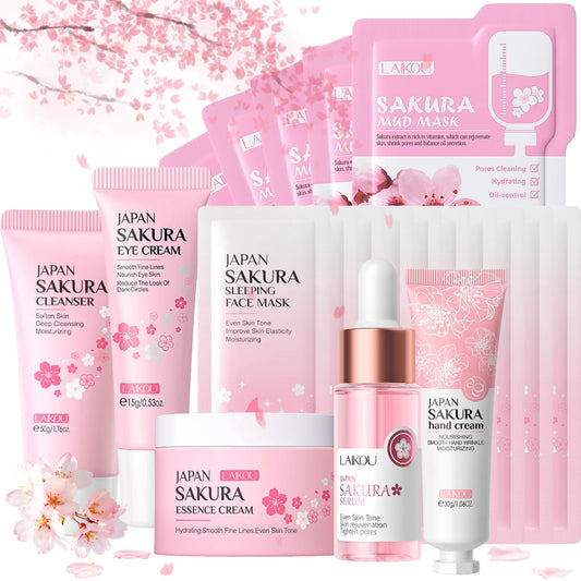 IZBEAUVO Sakura Skin Care Sets & Kits, Girls Pamper Set, Face Care Sets For Women, Teenage Girls Gifts - Cleanser, Serum, Eye Cream, Face Cream, Hand Cream, Sleeping Mask, Mud Mask - Japanese Skincare, 20PCS