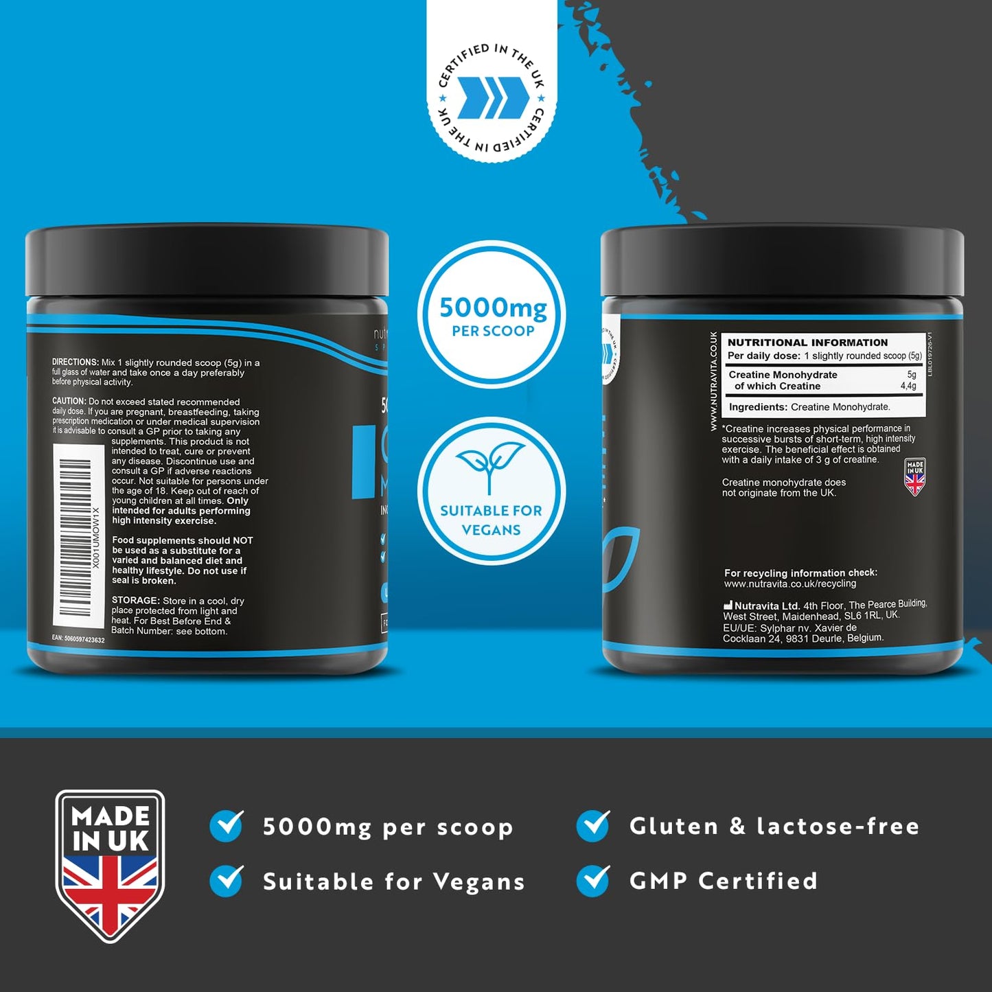 Creatine Monohydrate Powder 5000mg - 500g After/Pre Workout Powder - for Recovery & Physical Performance - Men & Women Exercise Supplement - Vegan - 100 Servings - Unflavoured - UK Made by Nutravita