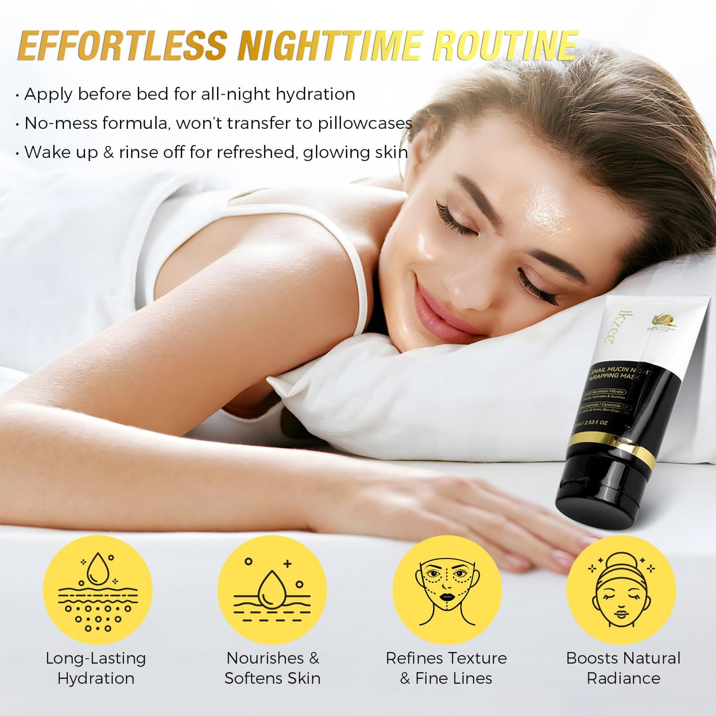 Onznoz Snail Mucin Sleeping Mask, Natural Snail Mucin Extract, Night Wrapping Mask, No-Wash Sleep Mask, Anti-Wrinkle, Deeply Hydrates, Soothes Skin, Smooths, Firms Skin Overnight 75ml