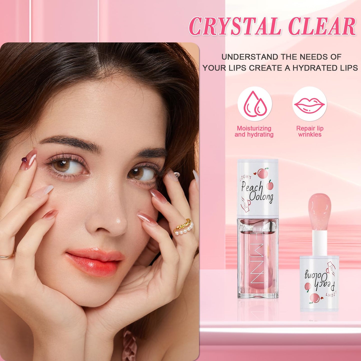 Ceboic 2Pcs Crystal Jelly Moisturizing Lip Oil Set, Long Lasting Plumping Lip Gloss Transparent Hydrating Lip Glow Oil, No-Sticky Toot Lip Balm Honey & Peach Liquid Lipstick Lip Care Tools