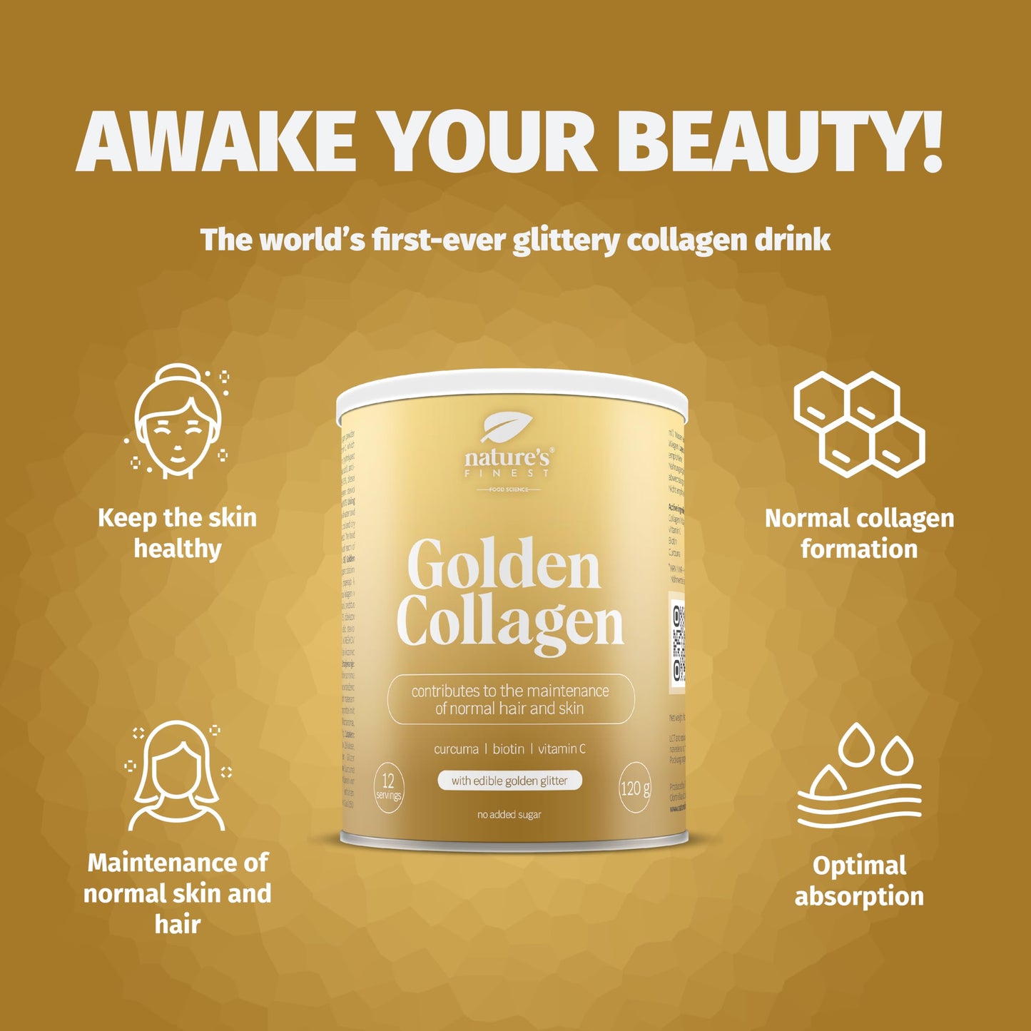 Nature’s Finest by Nutrisslim Golden Collagen 120 g - Collagen Supplements for Women with Gold Glitter - High Strength Hydrolyzed Bovine Collagen Powder Type 2 with Biotin, Vitamin C and Curcuma
