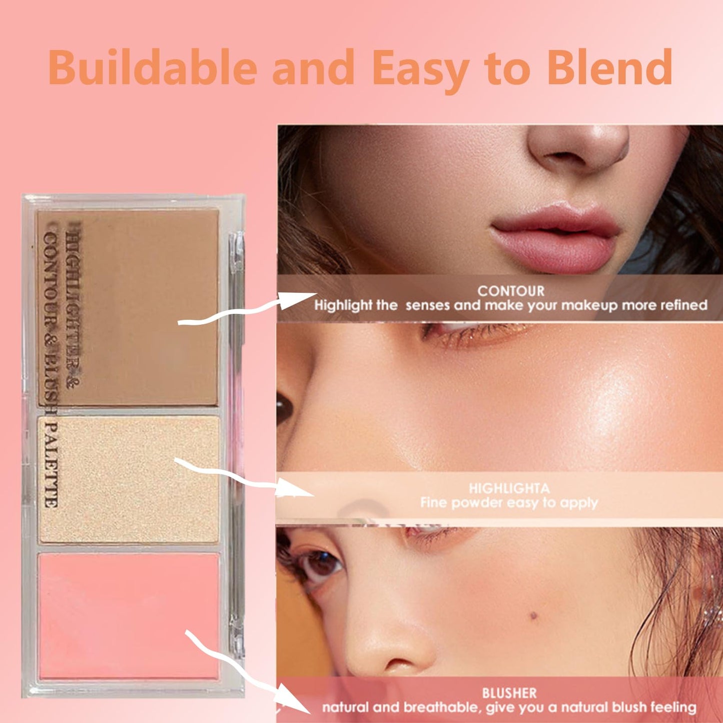 OKAQEE 3 In 1 Highlighter & Contour & Blusher Palette - Long-Lasting Powder Baked Makeup Set - Versatile Highlighter Makeup Palette for Shaping & Glowing Effect - Smooth Blush Glow Matte Natrual Makeup