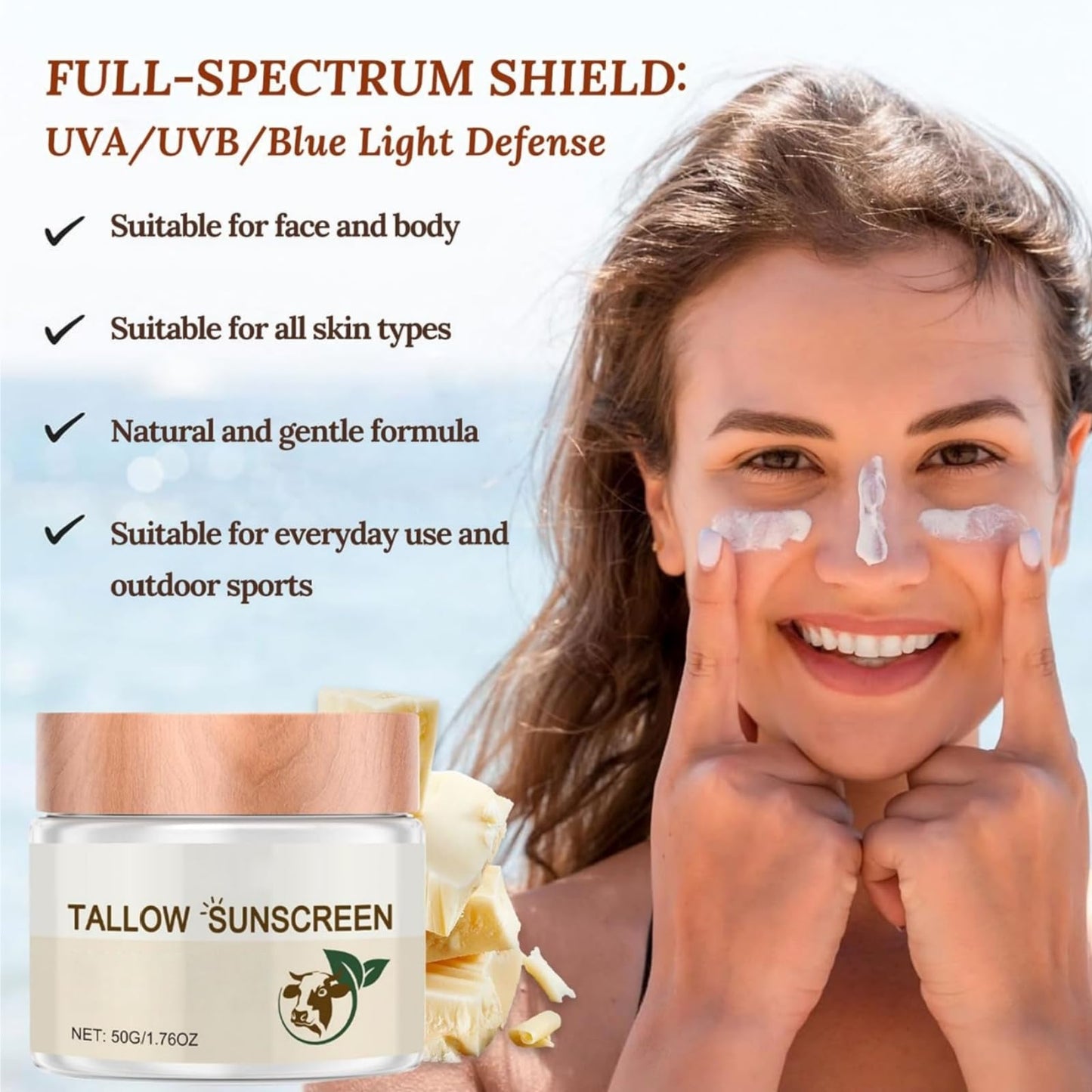 Yoowan Beef Tallow Sunscreen Spf 50,Beef Tallow Face Cream,Tall-Ow Sunscreen,Deeply Nourishing And Moisturizing,Rebuild The Natural Skin Barrier,Instant Sun Protection For Face & Body,Outdoor Daily Defence