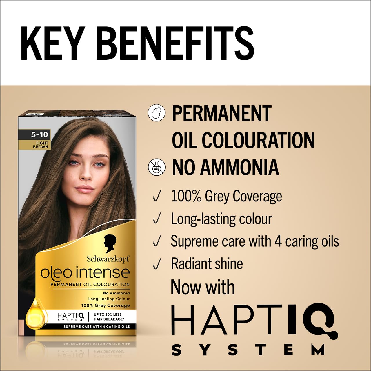 Schwarzkopf Oleo Intense Permanent Oil Colour 5-10 Light Brown Hair Dye, 100% Grey Coverage, Conditioner with HaptIQ System, Long-Lasting Colour, Ammonia Free Hair Dye