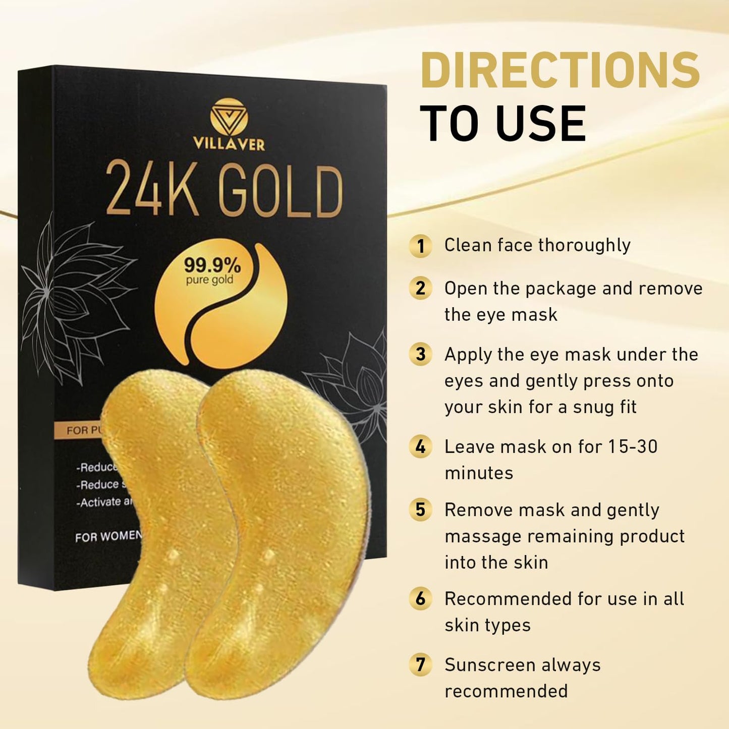 VILLAVER 24K Gold Under Eye Collagen Patches - Reduce Dark Circle,Puffiness, Wrinkles & Fine Lines - Eye Mask for Men & Women (20 Pair)