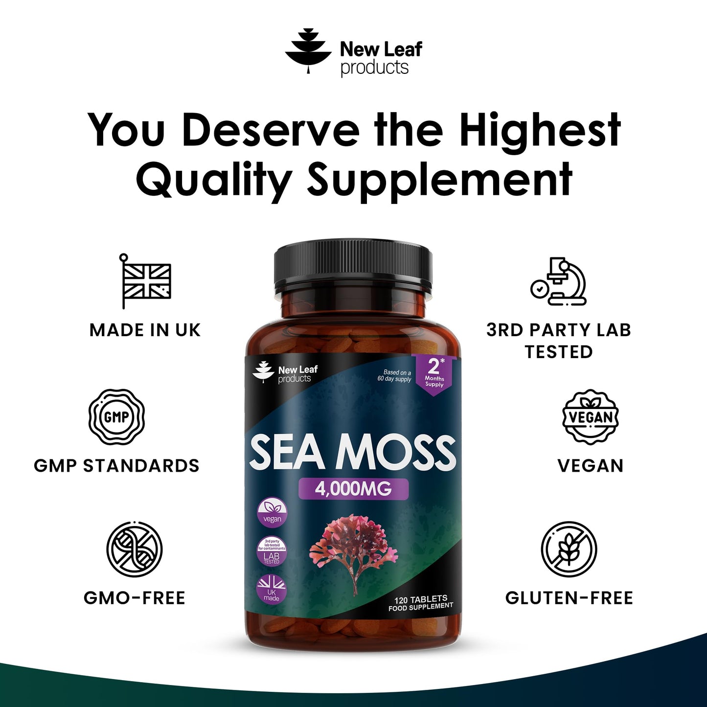 Sea Moss Tablets Extract High Strength 4000mg - Sea Moss Supplement 120 Tablets (not sea moss capsule) High Potency - UK Made - Vegan - Non GMO