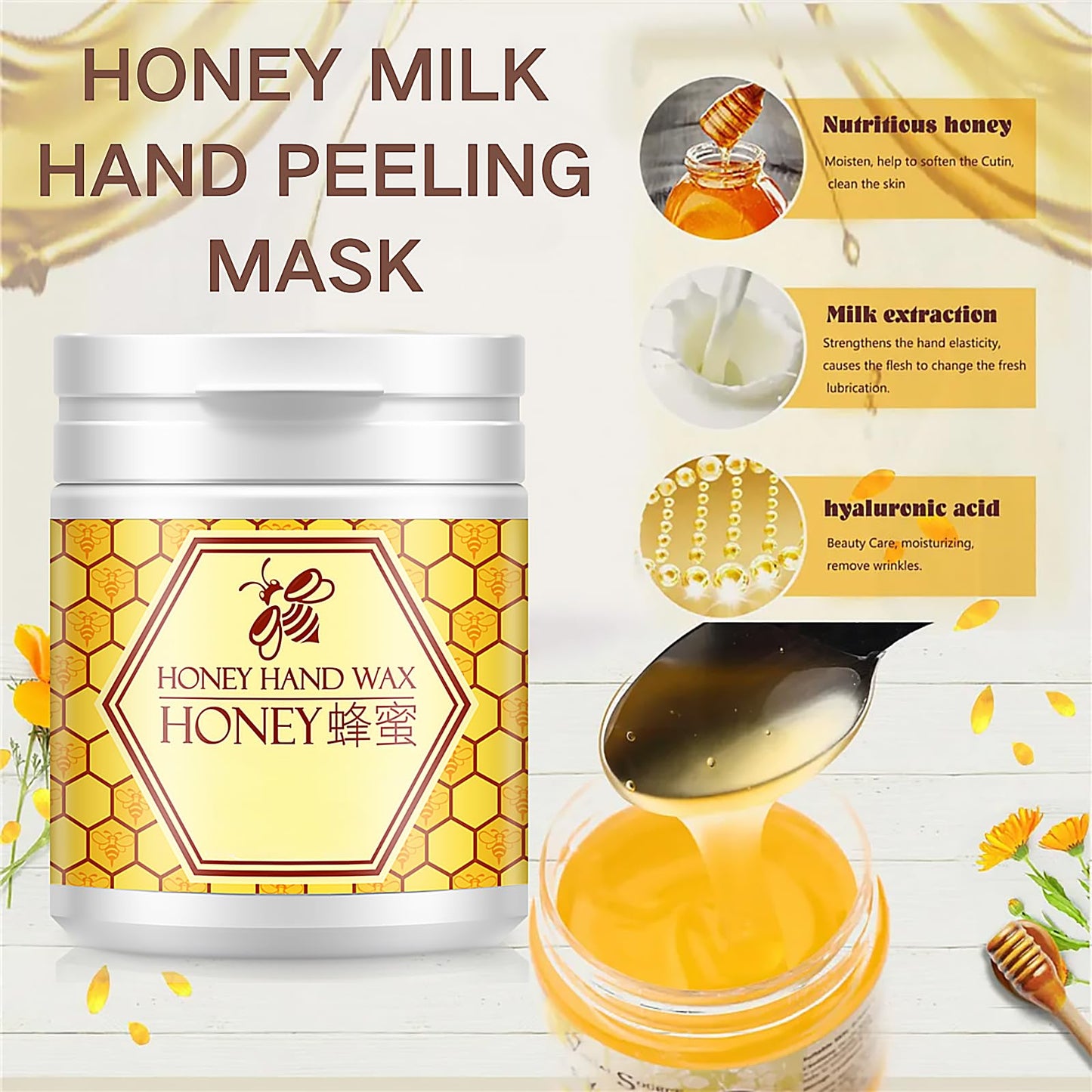 Wax Hand Mask, Honey Milk Hand Peeling Mask, Honey Hand Mask Moisturizing,Nourishing & Hydrating Hand Mask, Exfoliating Hand Wax,Hand Remove Dead Skin,Hand Skin Repair for Dry,Aging,Cracked Hands-170g