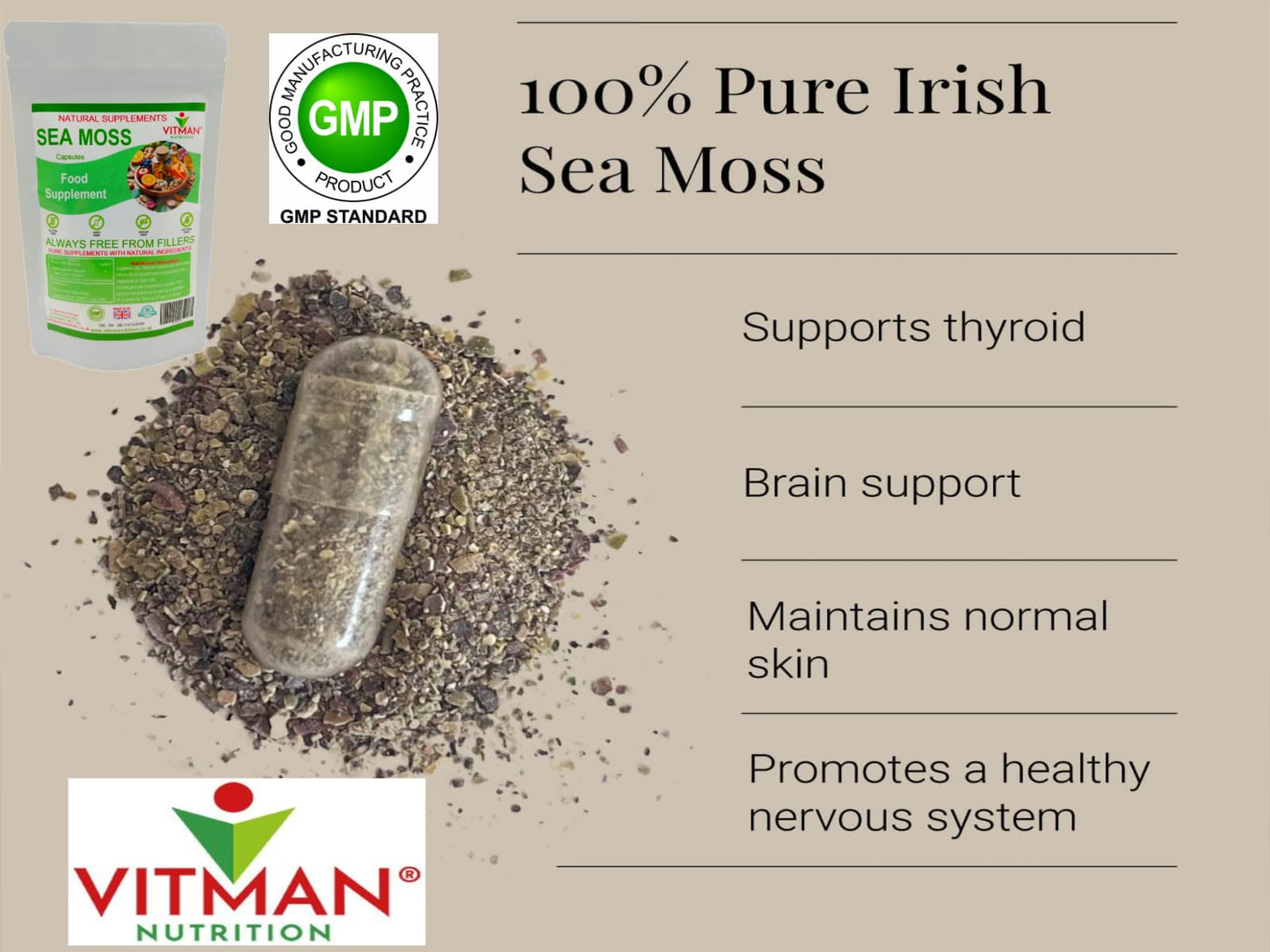 VitMan Nutrition Sea Moss Capsules, 60x Natural Irish Sea Moss Food Supplement, Gluten Free, Sugar Free, GMO Free, Vegan