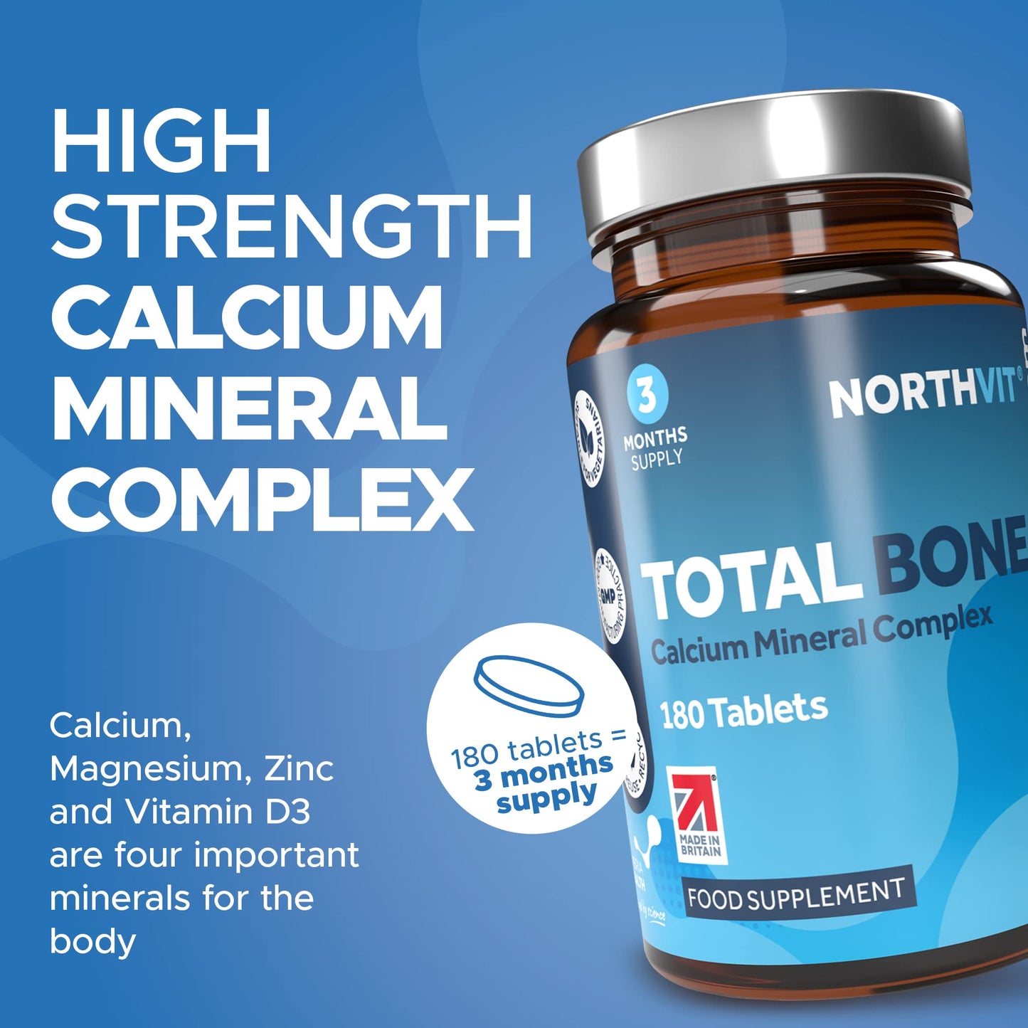 Total Bone® Calcium Magnesium Zinc & Vitamin D3 Supplement – 180 Vegetarian Tablets – 3 Month Supply High Strength Osteo Tablets – Strong Bones & Teeth – Calcium Mineral Complex