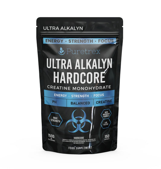 Puretrex Ultra Alkalyn Hardcore Creatine Monohydrate, 150 Capsules, Max Strength, Balanced pH, Energy, Strength, Focus KRE