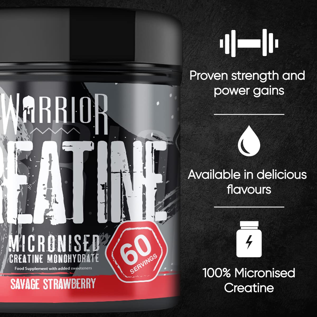 Warrior, Creatine Monohydrate Powder - 300g - Micronised for Easy Mixing - for Recovery & Performance, Savage Strawberry