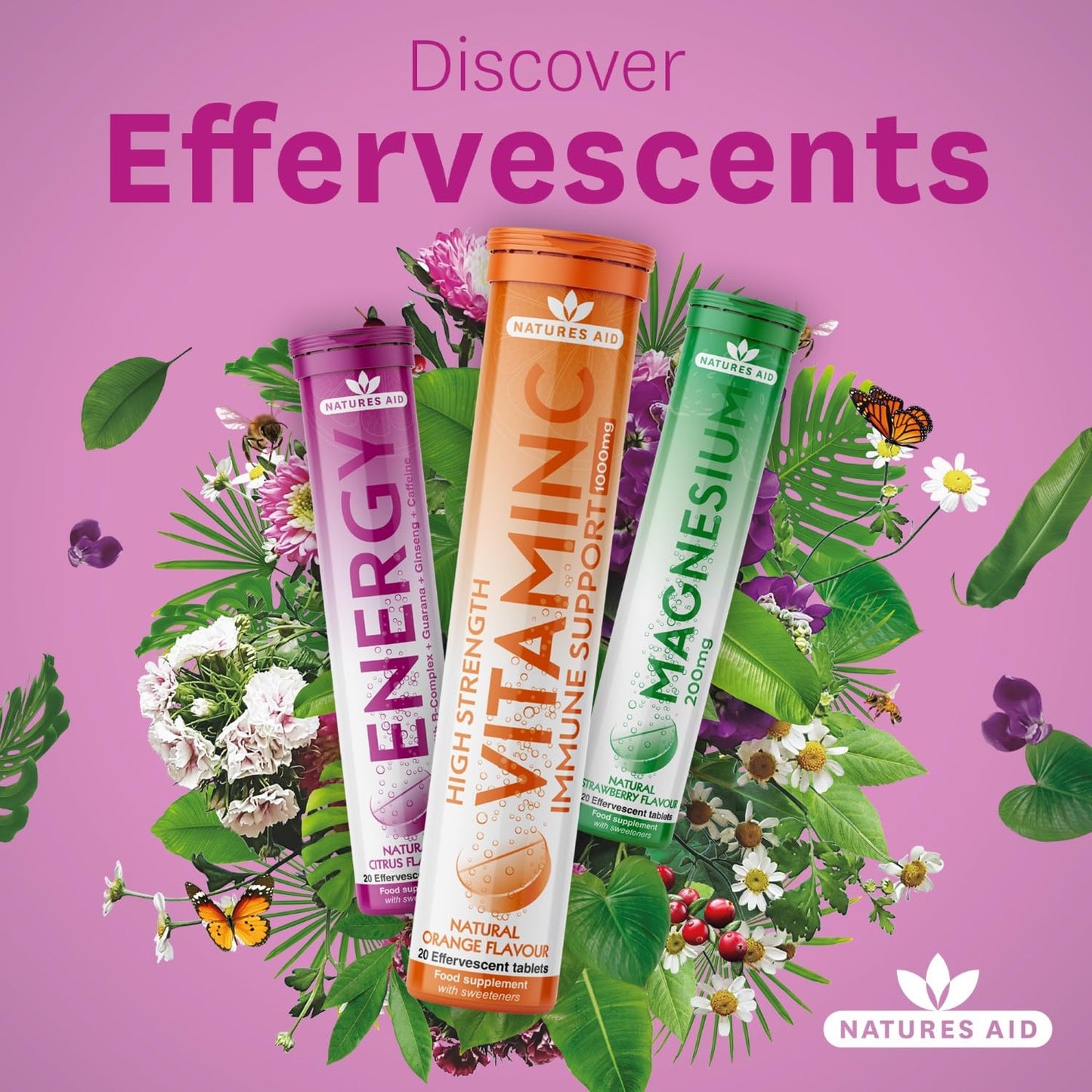 Natures Aid Vitamin C 1000mg Effervescent 20 Tablets – High Strength Fizzy Supplement – Immune Support & Collagen Formation – Vegan, Vegetarian, Gluten Free – No Gummies or Capsules