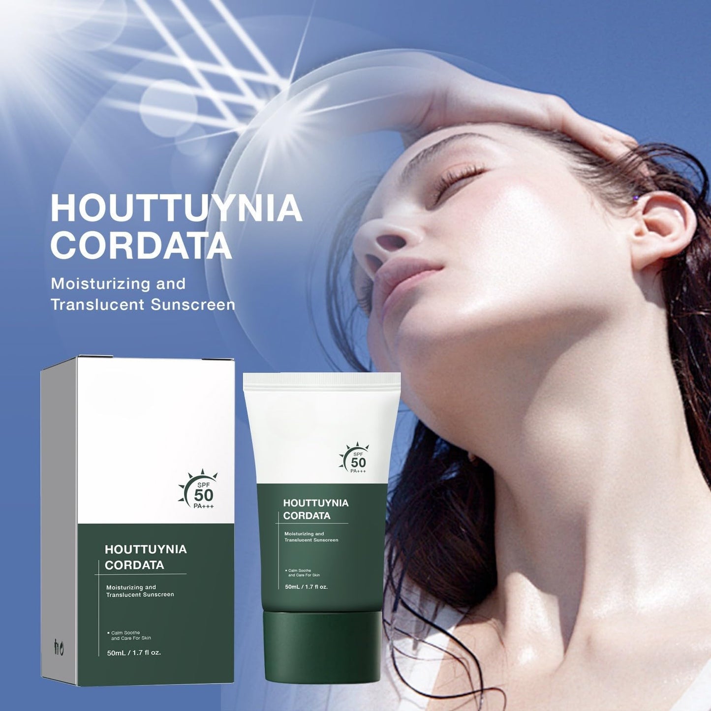 Tianyue Heartleaf Silky Sunscreen Spf 50+++,Korean face moisturizer&Translucent Sunscreen,Lightweight Face Sun Cream,Spf 50 face Moisturiser -Broad Spectrum UV Protection,Non-Greasy, No White Cast 50mL.