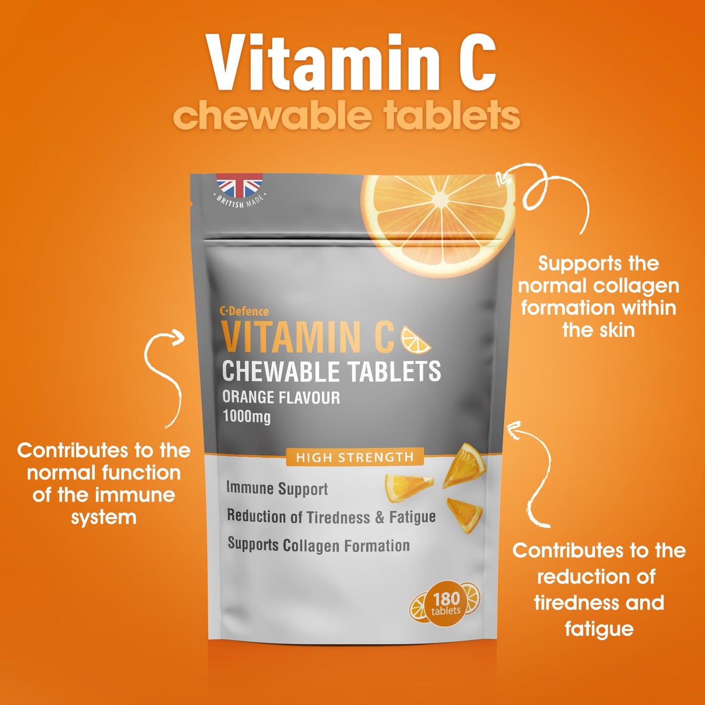 C.Defence Vitamin C Chewable 180 Orange Tablets 1000mg, Supports Immune Health and Helps Fight Colds - Helps Reduce Tiredness and Fatigue