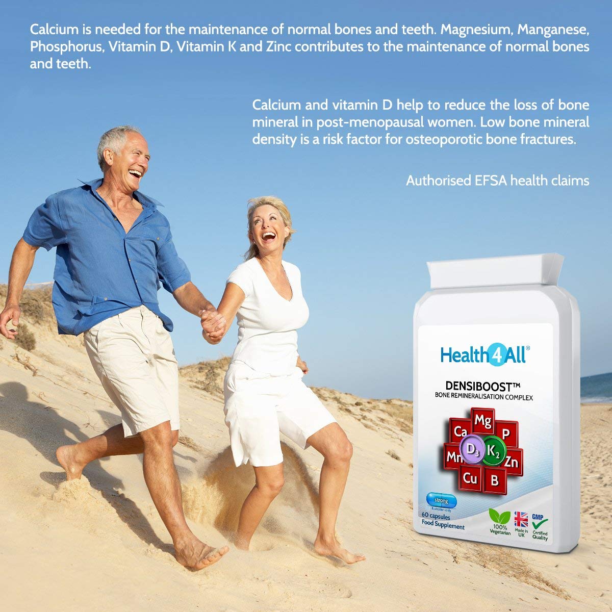 Densiboost Bone Remineralisation 60 Capsules (not Tablets) with Calcium, Magnesium, Manganese, Phosphorus, Copper, Boron, Zinc and Vitamins D3 and K2 MK-7. Made in The UK by Health4All