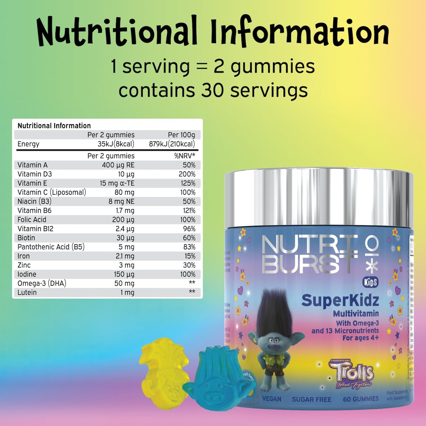 Nutriburst SuperKidz - Chewable Multivitamin for Health, Growth & Development - 13 Essential Nutrients: Vitamin A, B12 C, D3, E, Iron, Omega-3 - Vegan + Sugar Free - Orange Flavour - 30 Gummies