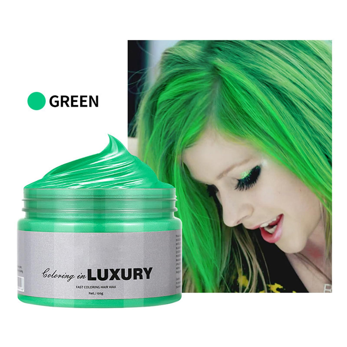 HERBINSOLS Temporary Green Hair Color Wax - Instant Styling Green Hair Dye Mud - Washable Coloured Hair Wax Pomad For Men Women - Ideal For Halloween, Cosplay, Parties,Masquerade,Nightclub (120g)