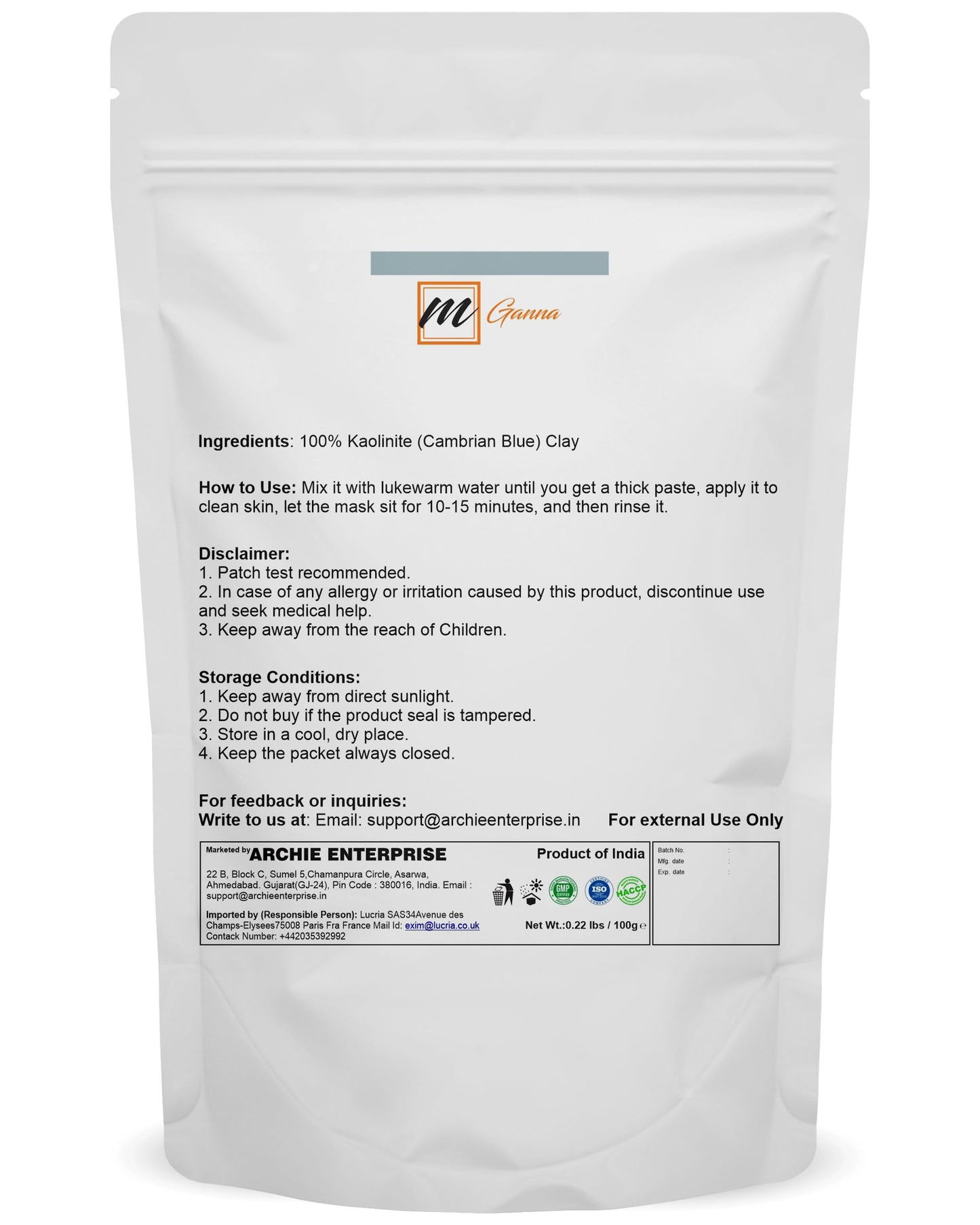 mGanna 100% Natural Cambrian/Serbian Blue Clay for Facial Masks, Creams, Body Wraps, Soft Peels and Scrubs, Skin Tightening, and Soap Making 100 GMS 0.22 LBS
