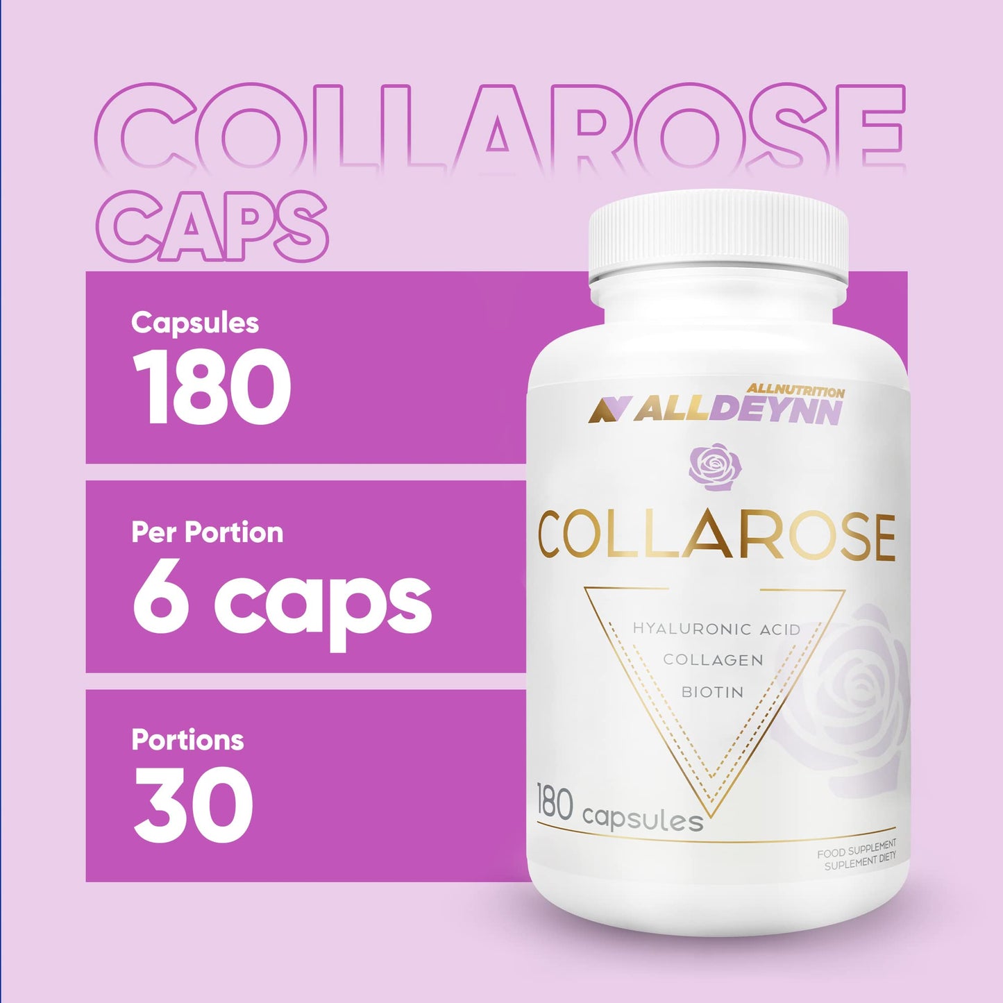 ALLDEYNN Collarose Collagen Capsules - Bovine Collagen Hydrolysate with Hyaluronic Acid, Biotin and VIT C - Anti Aging Skin Treatment - Hair Supplements for Women - 180 Caps