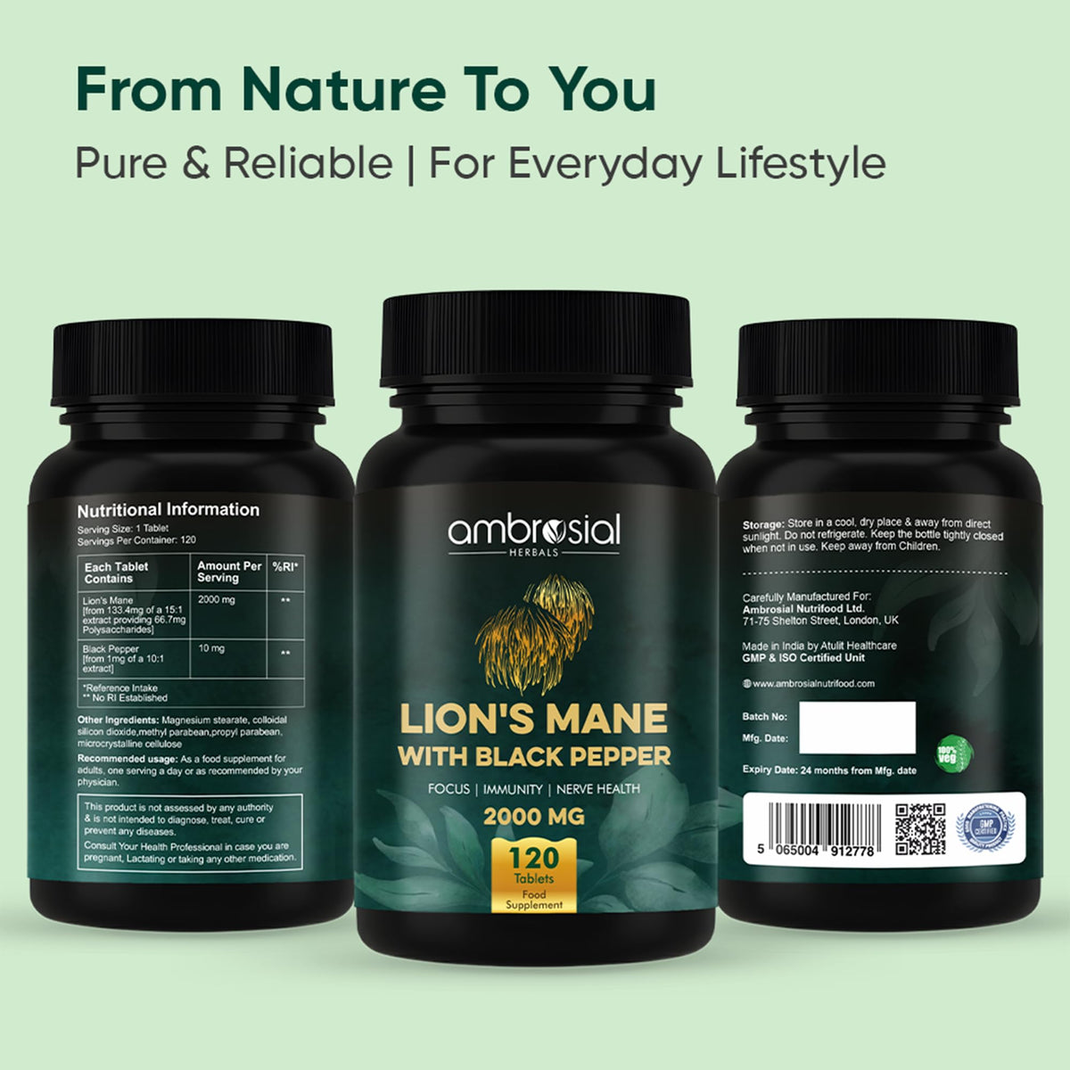 AMBROSIAL Ambrosial Lion’s Mane Mushroom Supplement with Black Pepper – 2000 mg High Strength Extract per Serving – Plant-Based Brain & Body Balance Formula – 120 Vegan Tablets – Non-GMO, Gluten-Free