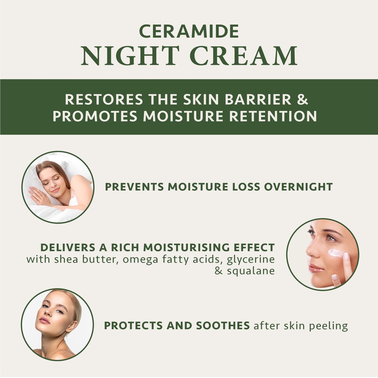 Night Cream Ceramide Moisturiser 50ml, Face Cream for Women with Shea Butter Squalane and Aloe Vera for Sensitive and Dry Skin Moisturiser Face Women - Face Care - Face Moisturiser - Satin Naturel