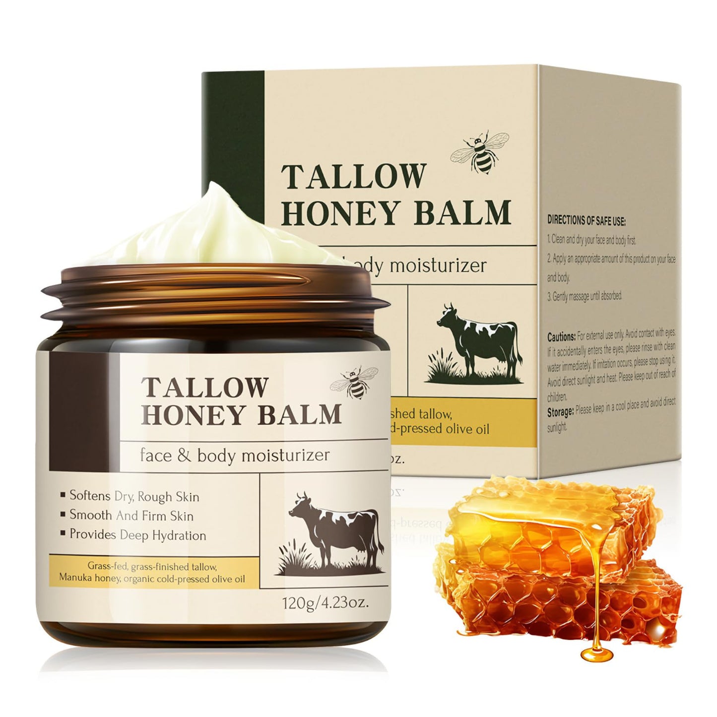 CTUBLIAUNX Beef Tallow Skin Care Balm - Body & Face Moisturizer with Manuka Honey and Grass-Fed Beef Tallow, Deep Hydration, Wrinkle Repair for Dry Sensitive Skin