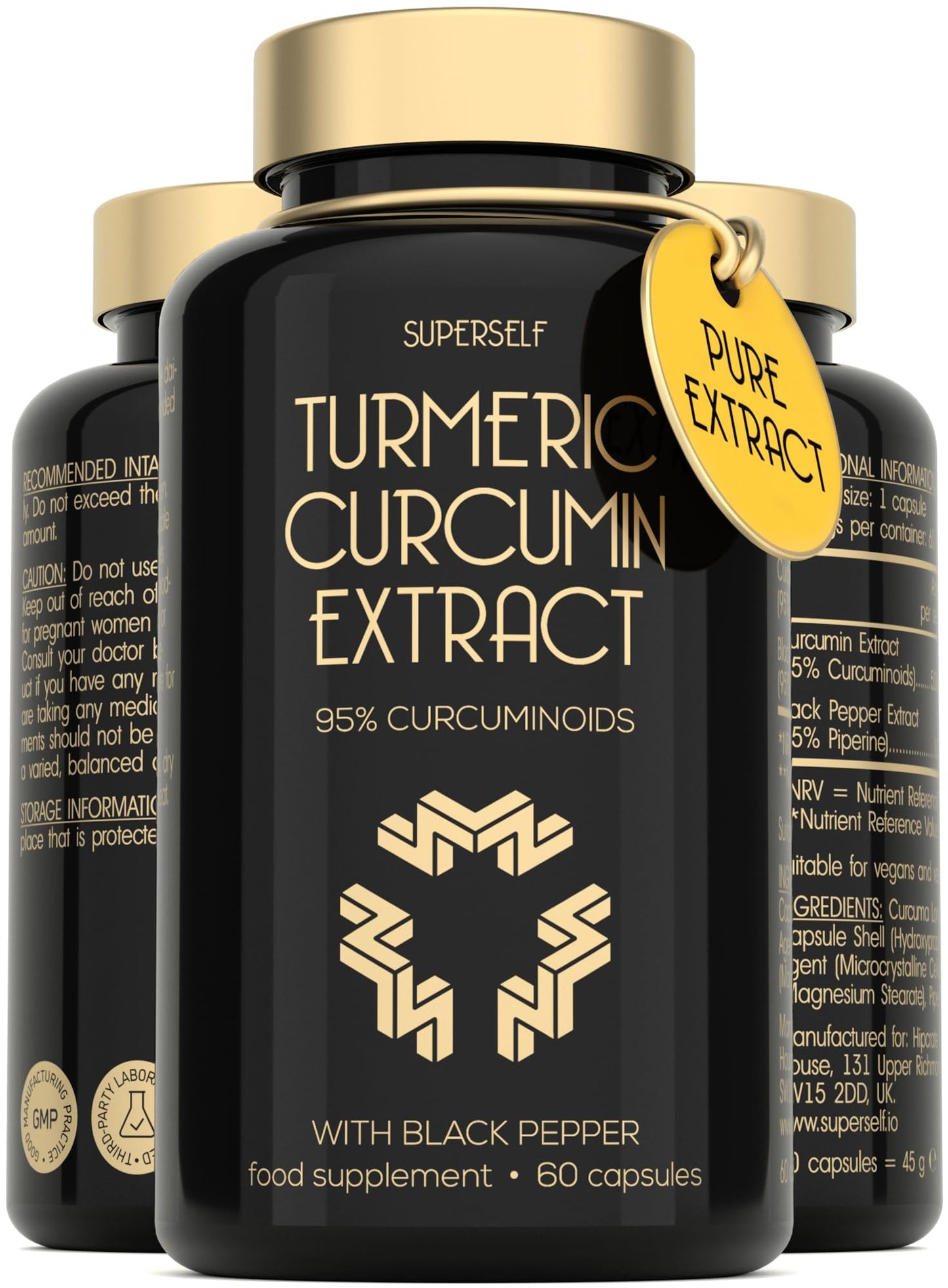 SuperSelf Turmeric Curcumin Capsules High Strength with Black Pepper - Pure Curcumin Extract with 95% Curcuminoids - 60 Tablets One a Day 500mg - Premium Turmeric Herbal Supplements - Enhanced Absorption