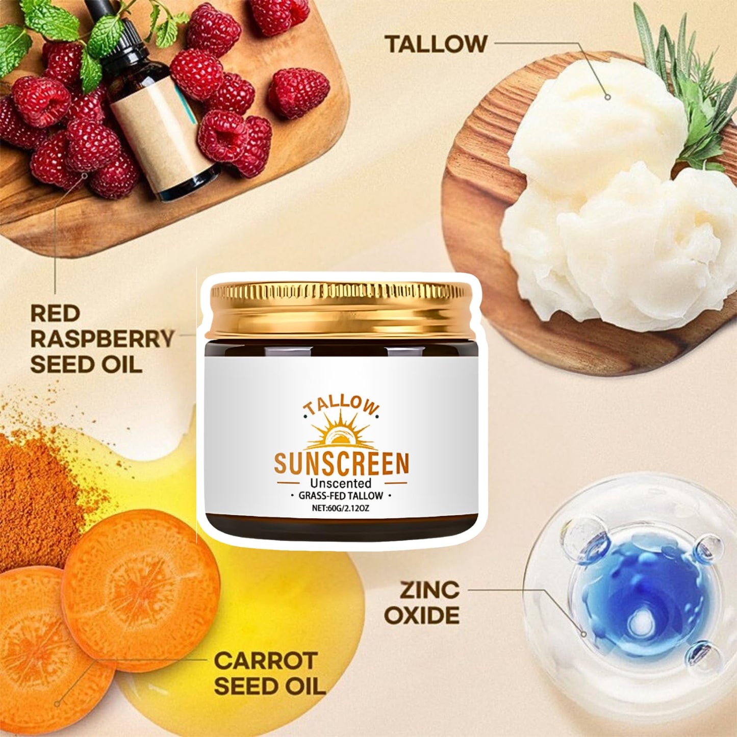 TBeautfave Beef Tallow Sunscreen SPF 50+, Grass Fed Beef Tallow for Face Sun Cream SPF 50,Body & Face Sunscreen for Dry Sensitive Skin, Lightweight, Non Greasy, Unscented, 60g
