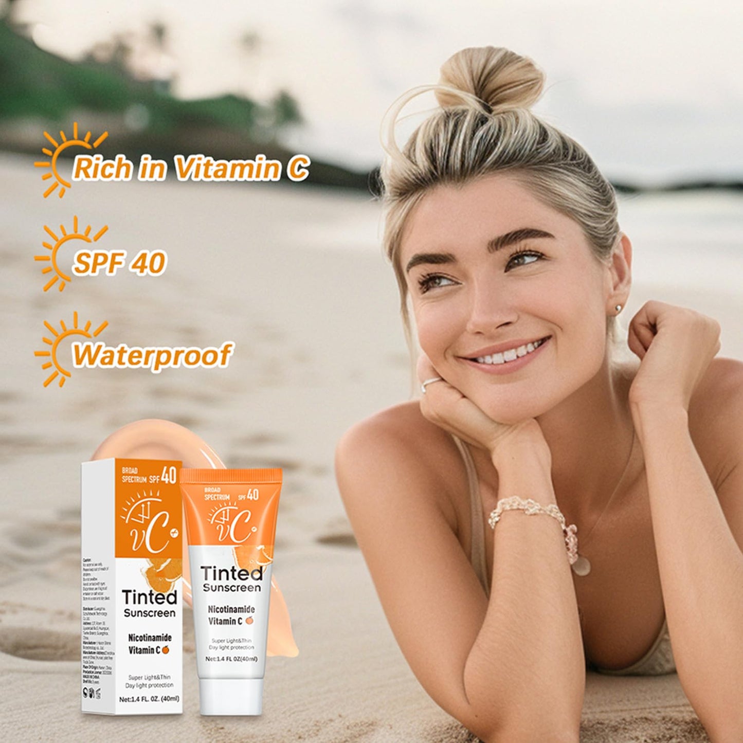 ISBEAUSOLS VC Tinted Sunscreen for Face - Factor 40 Sun Cream - Natural Skin Color & Non-Greasy SPF 40 Face Moisturiser - Suncream with Vitamin C & E - 40ML Lightweight Daily Protection for Women