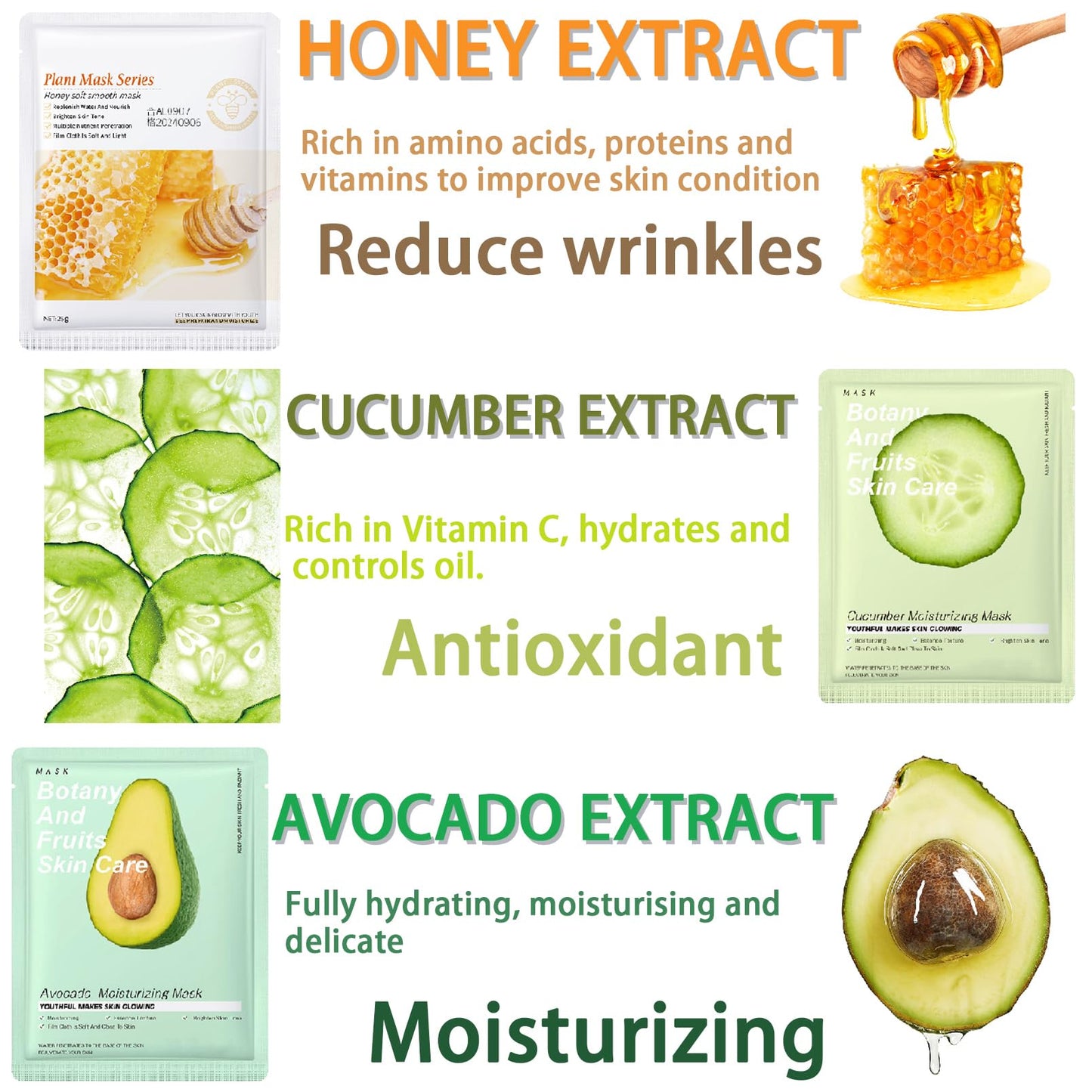 YUYUE-YY 5 Pcs Face Mask Set, Face Masks Skincare with Natural Fruit & Herbal Serum, Included Aloe Vera, Honey, Bamboo Charcoal, Avocado, and Cucumber, Hydrate, Brighten, Moisturize,Soothe for All Skin Types