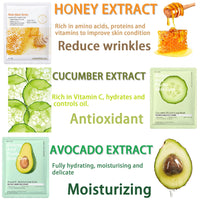 YUYUE-YY 5 Pcs Face Mask Set, Face Masks Skincare with Natural Fruit & Herbal Serum, Included Aloe Vera, Honey, Bamboo Charcoal, Avocado, and Cucumber, Hydrate, Brighten, Moisturize,Soothe for All Skin Types