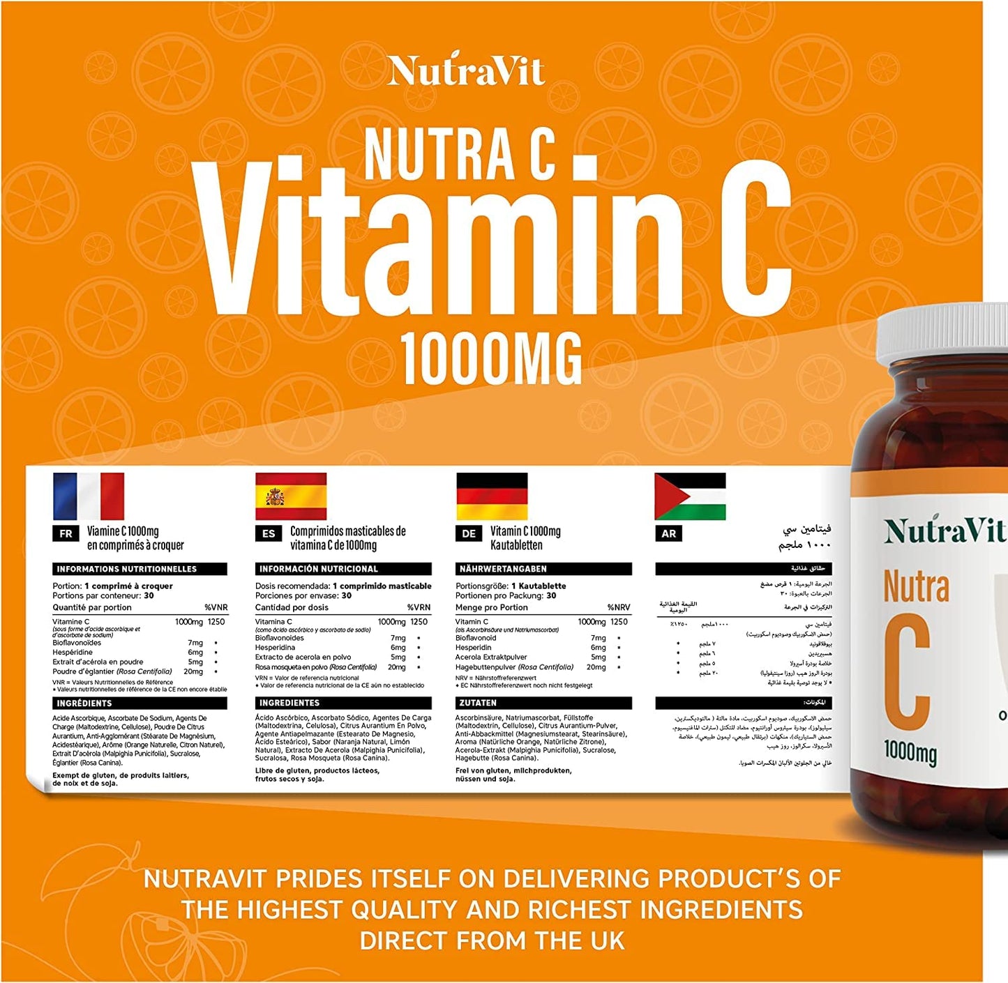 NUTRA C - Vitamin C 1000mg - 30 Chewable Tablets - High Strength Vegan Tablets - Gluten Free | Orange Flavoured - with Rosehip, Hesperidin & Acerola - Manufactured in a UK MHRA GMP Facility - NUTRAVIT