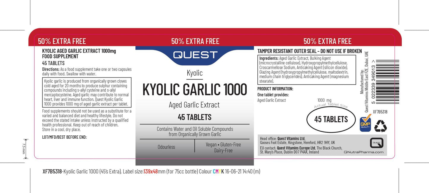 Quest Kyolic Garlic 1000mg 45 Tablets (Pack of 3)