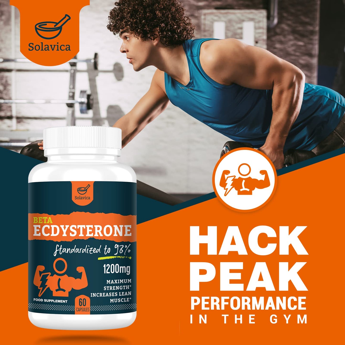 Solavica Beta Ecdysterone Supplement 1200mg -98% Maximum Purity Ecdysterone for Lean Muscle Building & Strength Gains, Promotes Endurance & Muscle Growth (60 Capsules)-1 Month Supply