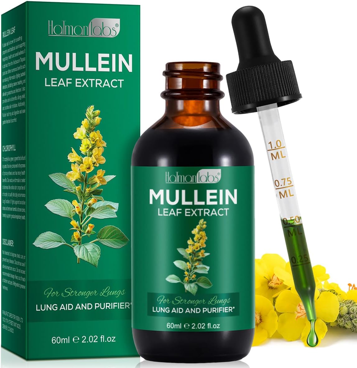 Mullein Drops for Lungs - Mullein Leaf Extract with Chlorophyll for Lung and Respiratory Support, Mullein Herbal Supplements, 2.02 fl oz (60ml)