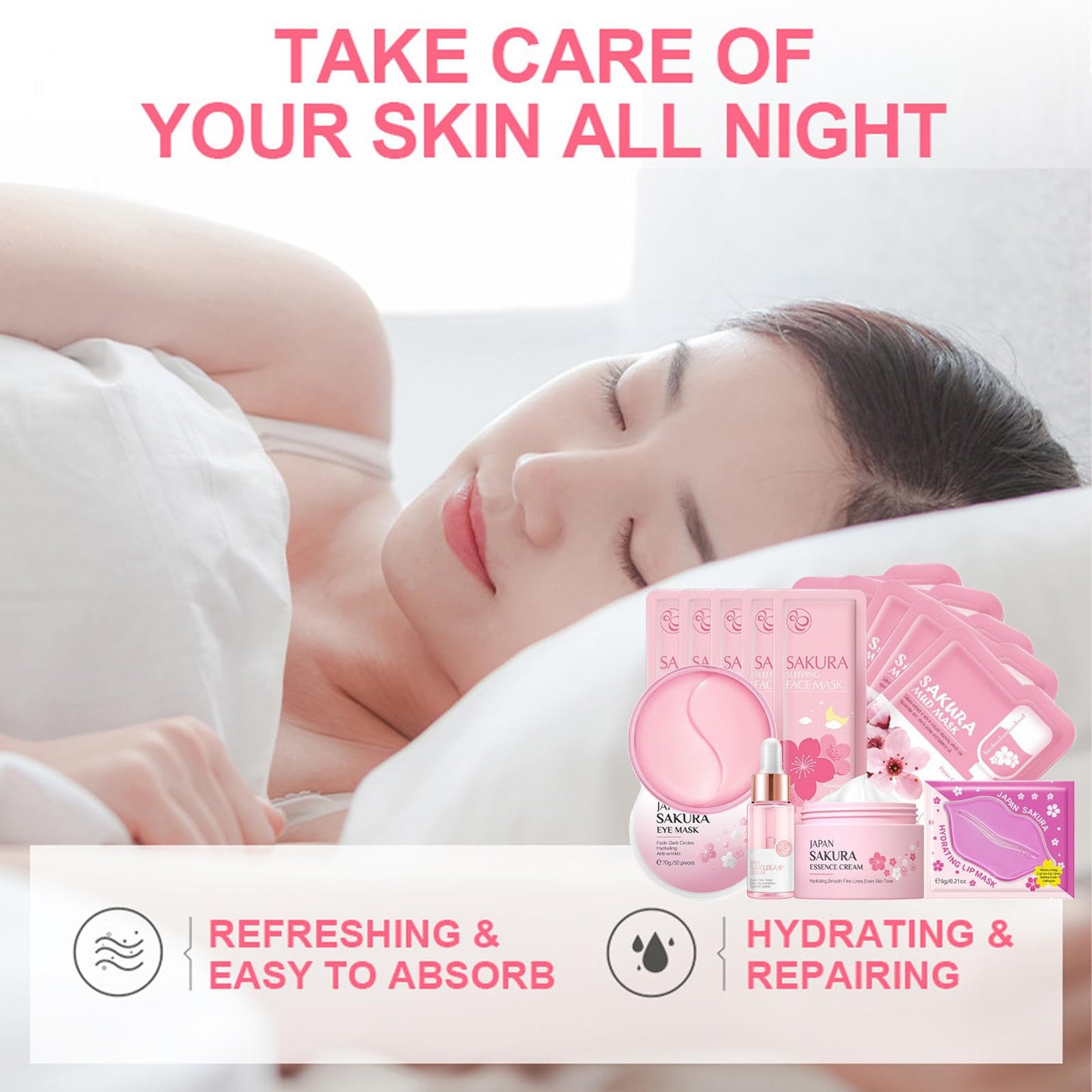 Skin Care Sets & Kits, Cherry Blossom Skincare Set Skin Care for Teenage Girls, Pamper Sets for Women Skincare Sets with Face Cream,Face Serum,Lip Mask,Sleep Mask,Eye Mask,Mud Mask