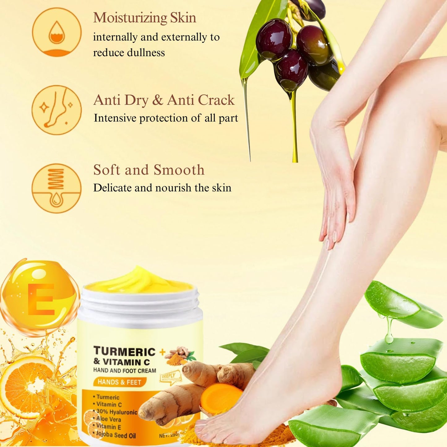 Turmeric&Vitamin C Foot&Hand Cream for Cracked Heels and Dry Skin-30% Hyaluronic Acid Hand Cream for Very Dry Feet&Hands,Hard Skin Remover,Intensive Moisturising for Cracked Skin for Women&Men,250g