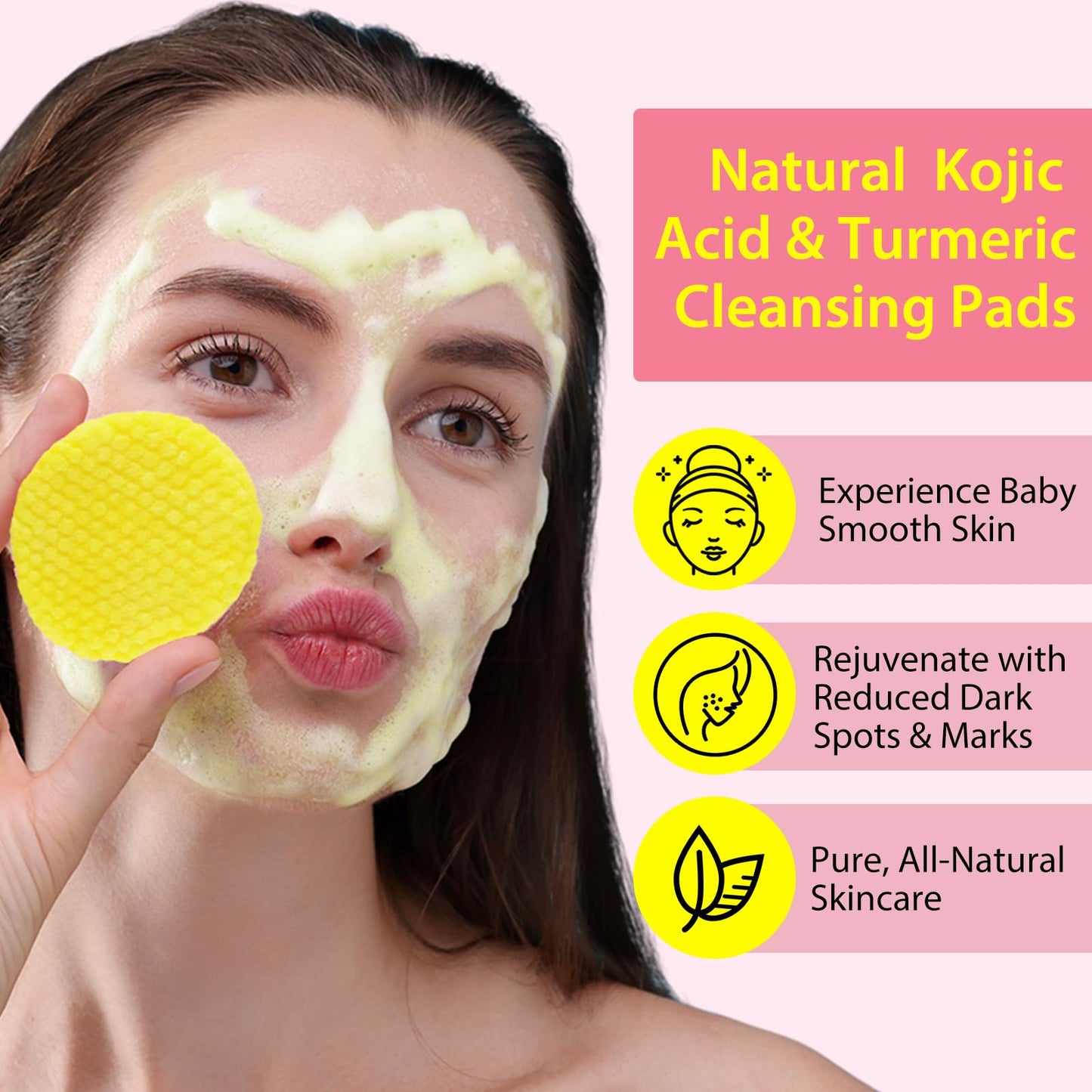 Buyourtaste Kojic Acid and Turmeric Pads 50Pcs, Turmeric Kojic Acid Cleaning Pads, Turmeric Face Pad, Turmeric Exfoliating Foaming Pads, Facial Sponges for Cleansing, Fade Acne, Dark Spots, Hyperpigmentation (1)