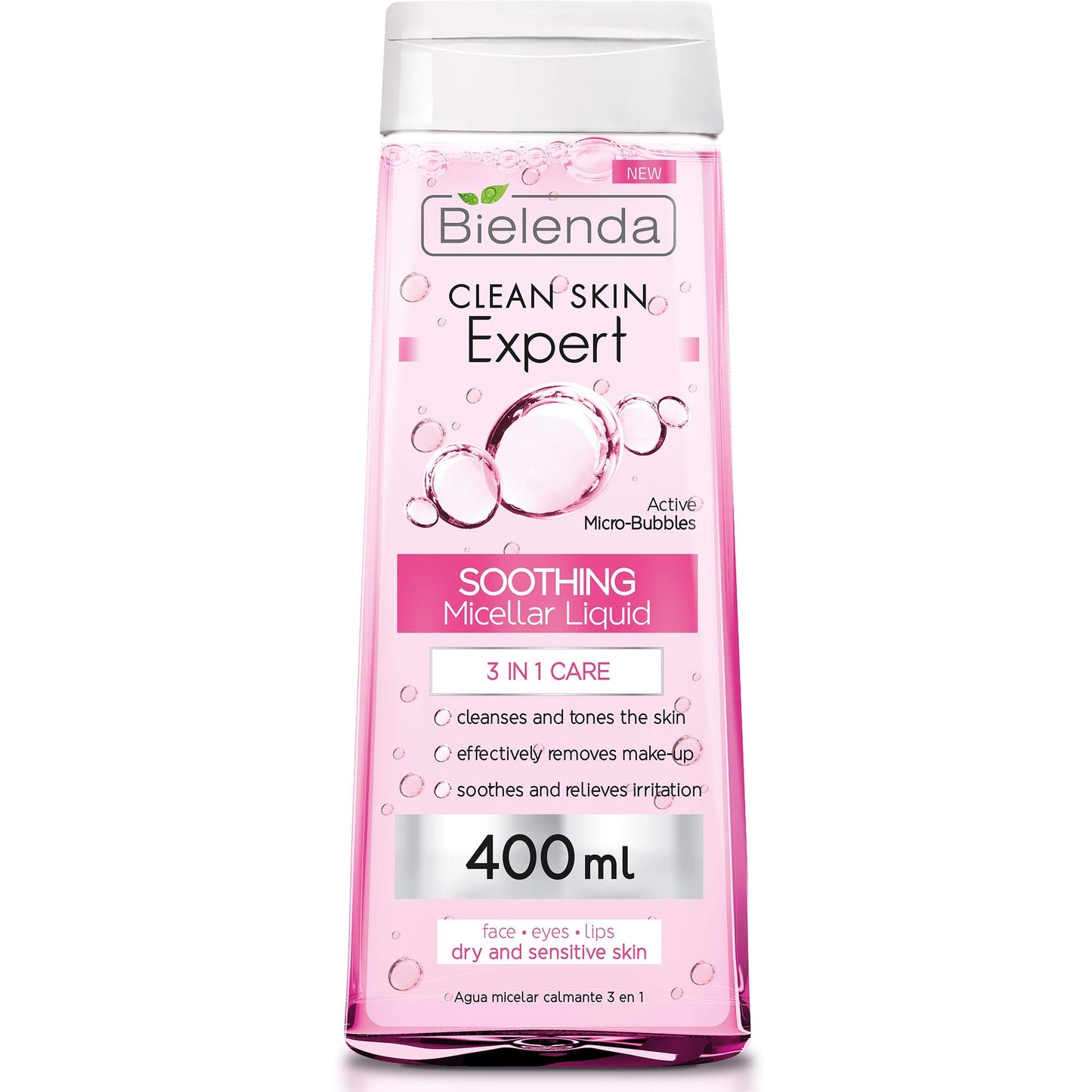 Bielenda Clean Skin Expert - 3-In-1 Soothing Micellar Water For Make-Up Removal And Cleansing Of The Face, Eyes And Lips - Clean Skin Expert 3 In 1 Soothing Micellar Water - 400 ml