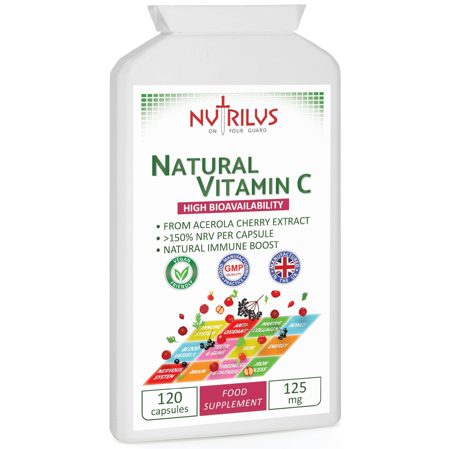 Nutrilus Natural Vitamin C Capsules from Acerola Cherry 500mg Extract - High Bioavailability Supplement - not Ascorbic Acid - Fruit and Herbs Extracts - not Tablets