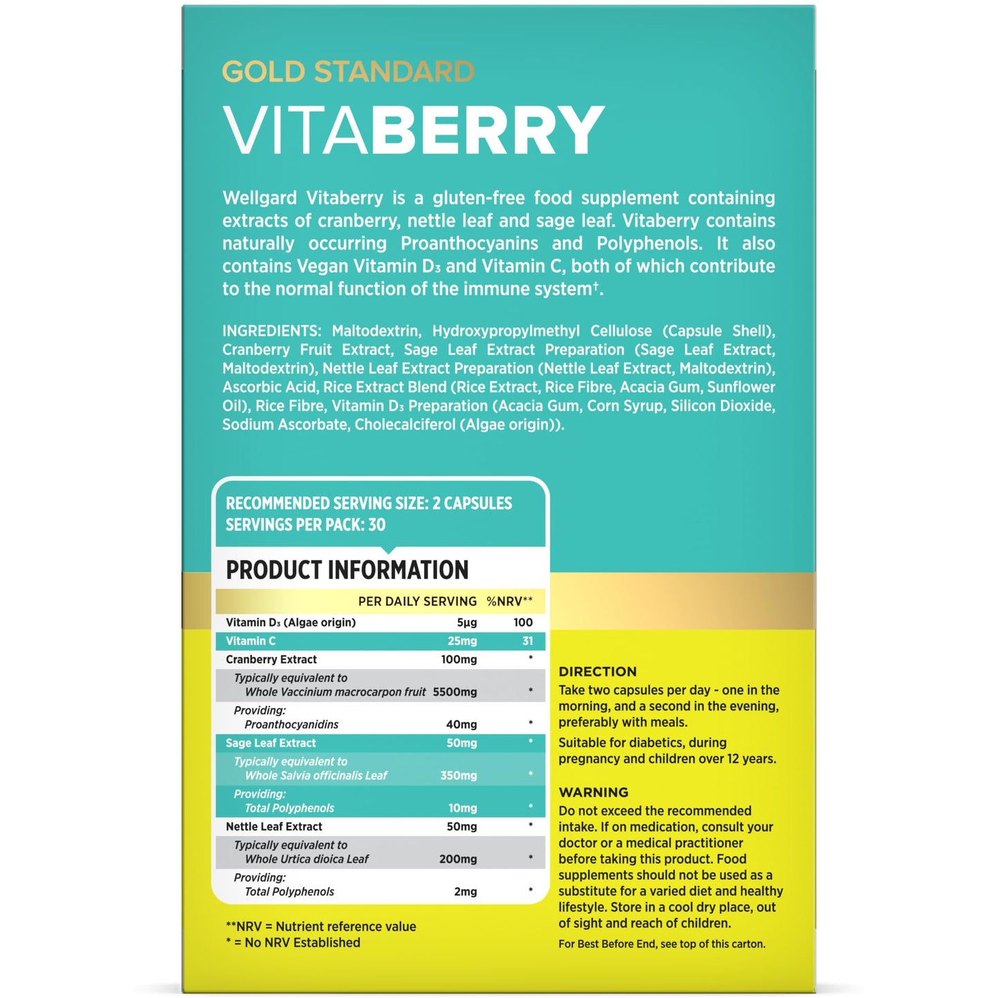 Wellgard Vitaberry for Women's Urinary Tract 60 Capsules - Proanthocyanidin-Rich Cranberry Capsules High Strength with Sage & Nettle Leaf, Vegan, Made in UK