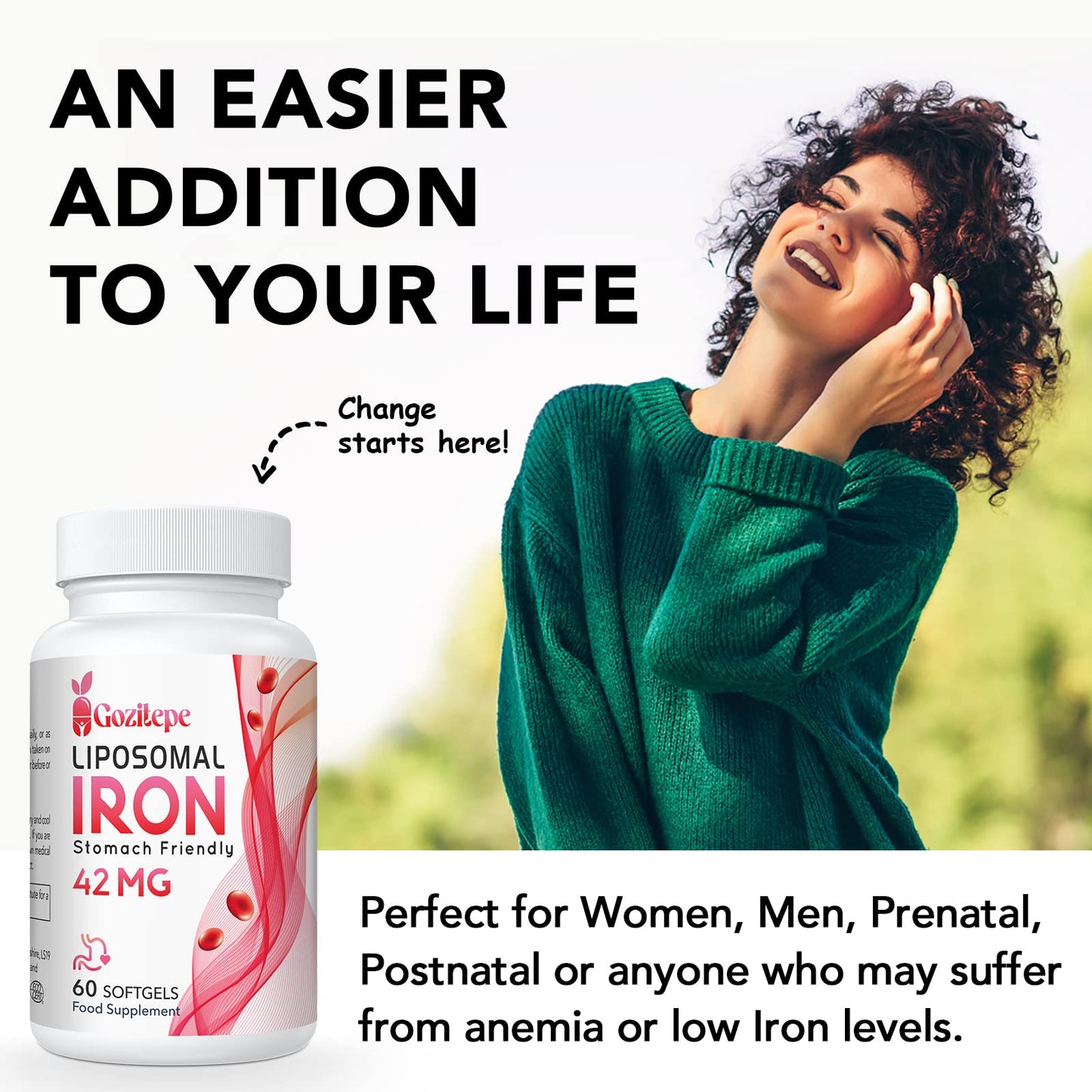 Gozitepe Liposomal Iron Supplement (as Ferrous Sulfate) with Folic Acid 400mcg and Vitamin B12 10mcg, Increase Iron Levels for Adults, Superior Absorbed and Stomach Friendly (60 Count (Pack of 1))