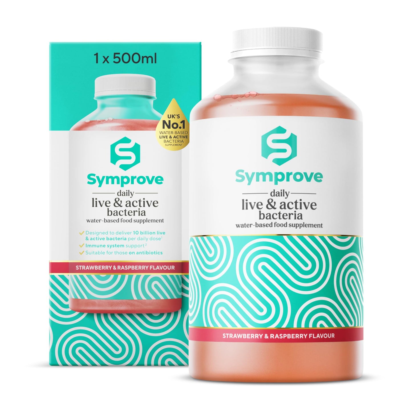 Symprove Liquid Live & Active Bacteria, Strawberry & Raspberry Flavour, Water-Based, Dairy & Gluten Free, Vegan (1 x 500ml)