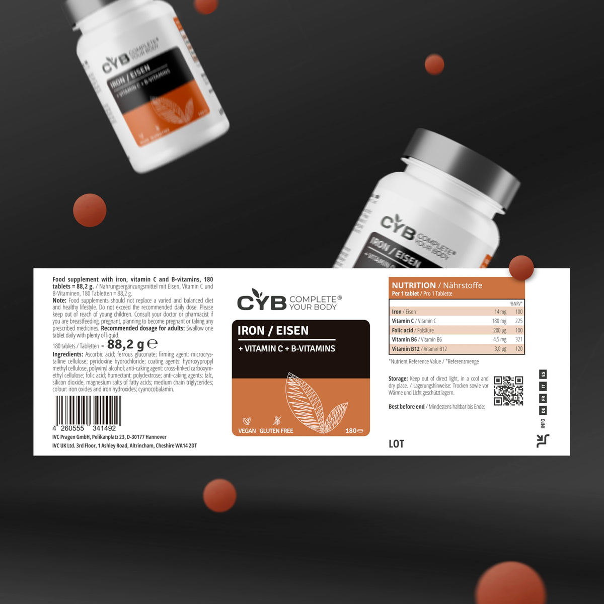 CYB Complete your Body CYB High-Strength Iron Complex – 180 Tablets - Chelated Iron 14mg (as Gluconate) (100% NRV) Plus Folic Acid, Vitamins B12, B6 and C - Formation of Red Blood Cells, Reduction of Tiredness and Fatigue