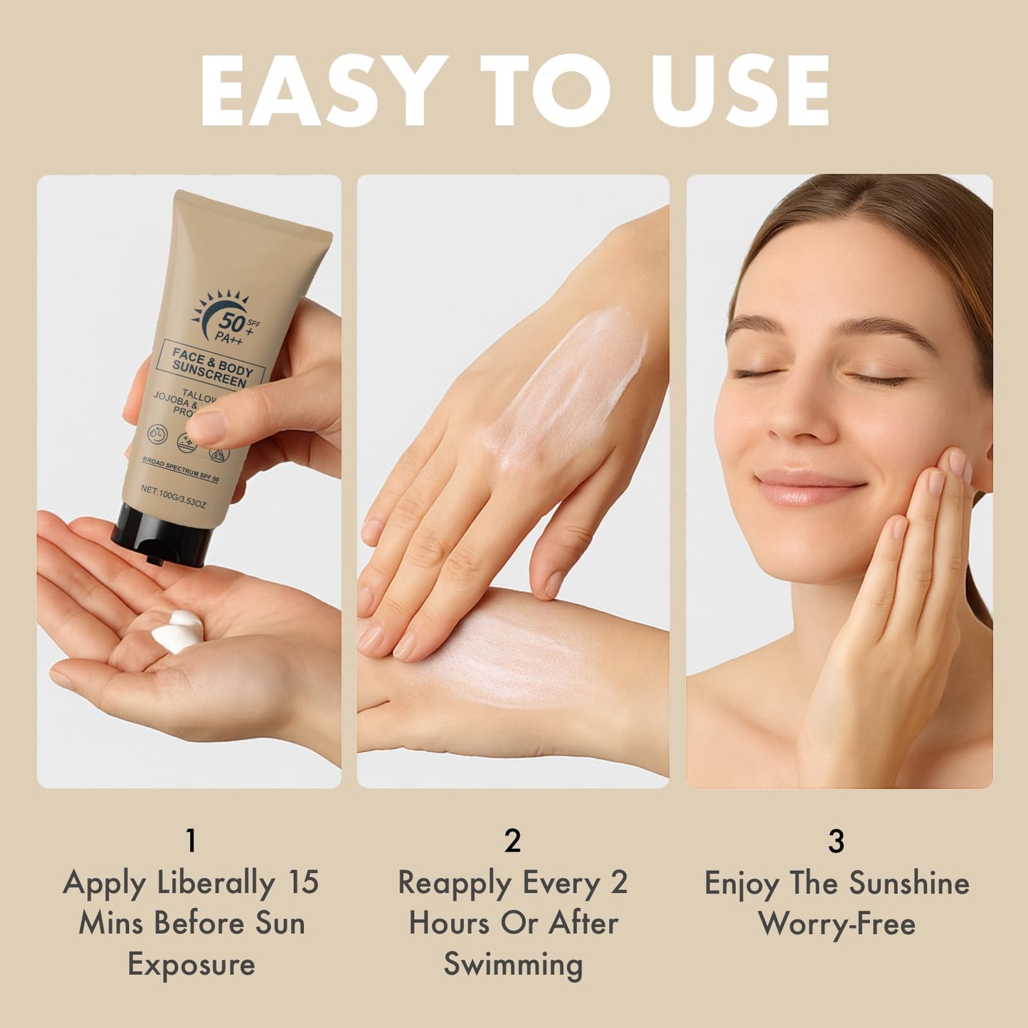 Tallow Sunscreen - Sun Cream SPF 50 with Grass-Fed Beef Tallow & Beeswax, Lightweight Moisturizing Protection for Face & Body
