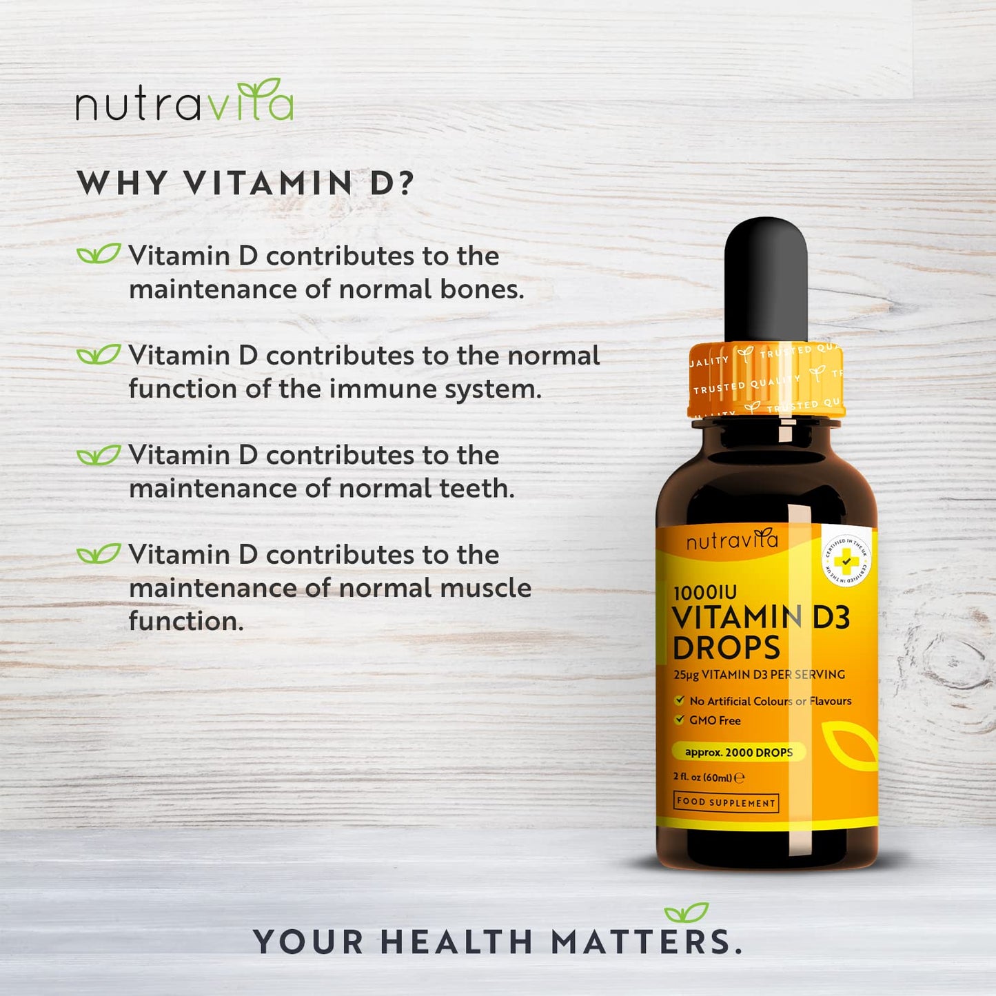 Vitamin D3 Drops 60ml (2000 Drops) – Vitamin D 1000IU per Drop – Flexible Dose of Liquid Vitamin D Supplement – Supports Normal Bones, Immune System & Calcium Absorption - Made by Nutravita